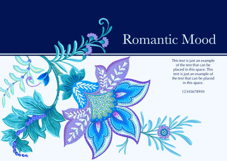 Fantasy flowers in retro, vintage, jacobean embroidery style. Template for wedding invitation, greeting card, banner, gift voucher, label. Vector illustration.のイラスト素材