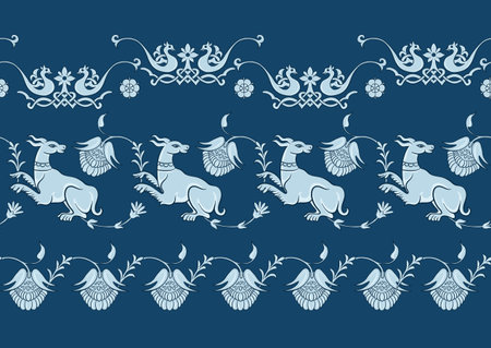 Byzantine traditional historical motifs of animals, birds, flowers and plants Seamless border...