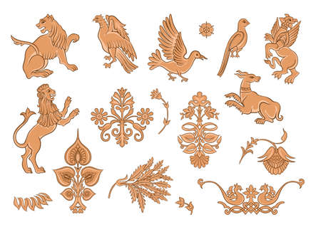 Byzantine traditional historical motifs of animals, birds, flowers and plants Clip art, set of elements for design Vector illustration.のイラスト素材
