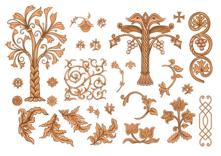 Byzantine traditional historical motifs of animals, birds, flowers and plants Clip art, set of elements for design Vector illustration.のイラスト素材