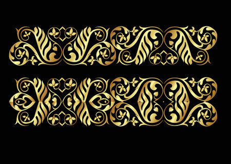 Interlacing abstract ornament in the medieval, romanesque style. Element for design. In gold and...