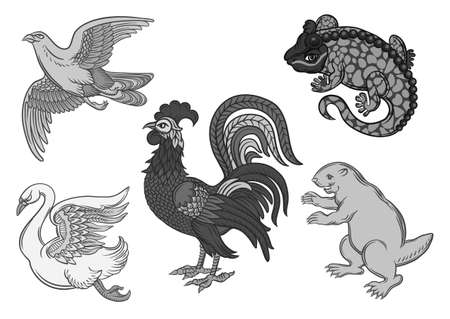 Symbolic heraldic animals and birds. Set off eagle, beaver, rooster, swan and salamander.Traditional character styles for coats of arms and shields. Clip art, elements for design Vector illustration.のイラスト素材