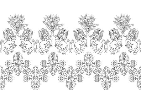 Byzantine traditional historical motifs of animals, birds, flowers and plants Seamless border pattern, linear ornament, ribbon. Outline vector illustration.のイラスト素材