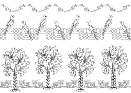 Byzantine traditional historical motifs of animals, birds, flowers and plants Seamless border pattern, linear ornament, ribbon. Outline vector illustration.のイラスト素材