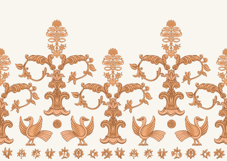 Byzantine traditional historical motifs of animals, birds, flowers and plants Seamless border pattern, linear ornament, ribbon in beige. Vector illustration.のイラスト素材