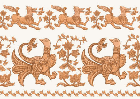 Byzantine traditional historical motifs of animals, birds, flowers and plants Seamless border pattern, linear ornament, ribbon in beige. Vector illustration.のイラスト素材