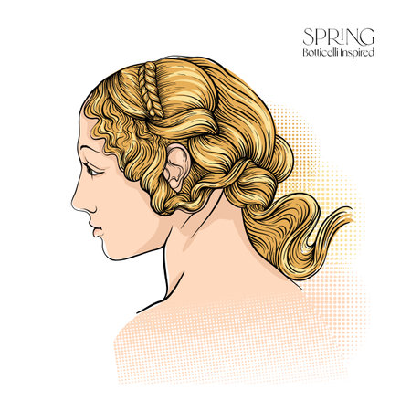Portrait of a woman inspired by a painting by Renaissance artist Botticelli. Outline hand drawing vector illustration.のイラスト素材