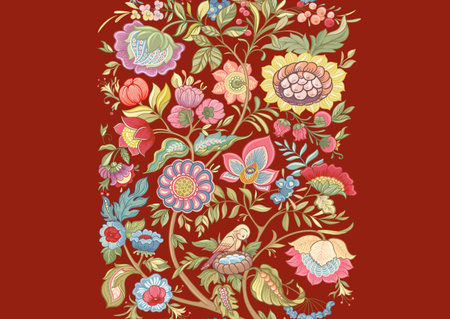 Fantasy flowers in retro, vintage, jacobean embroidery style. Seamless pattern, background. Vector illustration. Multicolor on red background.のイラスト素材
