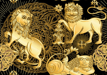 Byzantine traditional historical motifs of animals, birds, flowers and plants. Seamless pattern in gold and black colors. Vector illustration.のイラスト素材