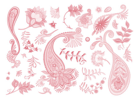Fantasy flowers and paisley in retro, vintage, jacobean embroidery style. Elements, motif for design. Vector illustration.のイラスト素材