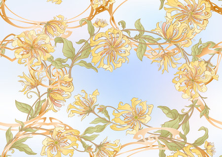 Decorative flowers and leaves in art nouveau style, vintage, old, retro style. Seamless pattern, background. Vector illustration.のイラスト素材