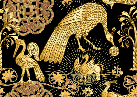 Byzantine traditional historical motifs of animals, birds, flowers and plants. Seamless pattern in...