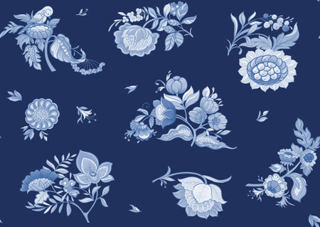 Fantasy flowers in retro, vintage, jacobean embroidery style. Seamless pattern, background. Vector illustration. In blue colors,のイラスト素材