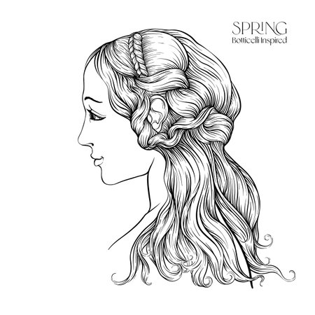 Portrait of a woman inspired by a painting by Renaissance artist Botticelli. Outline hand drawing vector illustration.のイラスト素材