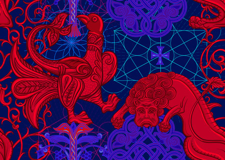 Byzantine traditional historical motifs of animals, birds, flowers and plants. Seamless pattern in red and blue colors. Vector illustration.のイラスト素材