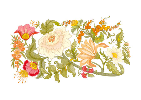 Fantasy flowers in art nouveau style, vintage, old, retro style. Clip art, set of elements for design. Vector illustration.のイラスト素材