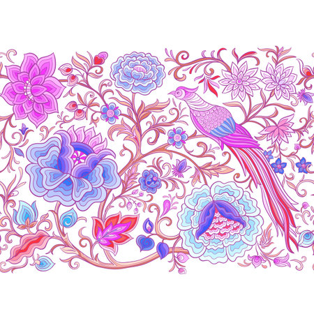Fantasy flowers and pheasant bird in retro, vintage, chinese silk on velvet embroidery style. Seamless pattern, background. Vector illustration.のイラスト素材
