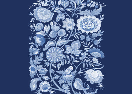 Fantasy flowers in retro, vintage, jacobean embroidery style. Seamless pattern, background. Vector illustration. In blue colors,のイラスト素材