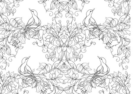 Fantasy flowers and bird, decorative flowers and leaves in art nouveau style, vintage, old, retro style. Seamless pattern, background. Vector illustration. Outline hand drawing vector illustration.のイラスト素材