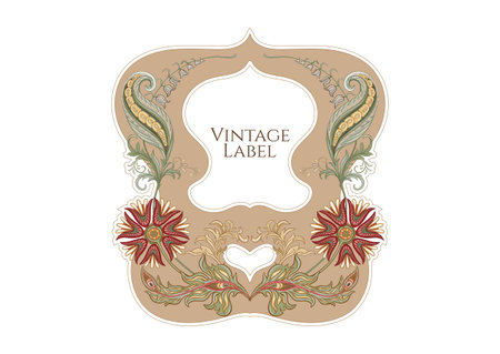 Fantasy flowers in retro, vintage, jacobean embroidery style. Border, frame, template for product label, cosmetic packaging. Vector illustration.のイラスト素材