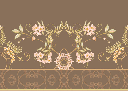 Fantasy flowers, decorative flowers and leaves in art nouveau style, vintage, old, retro style. Seamless border pattern, linear ornament, ribbon Vector illustration.のイラスト素材
