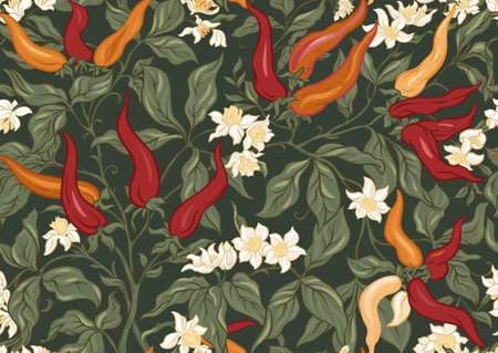 Hot chilly pepper plant with fruits and flowers Seamless pattern, background. Vector illustration. In art nouveau style, vintage, old, retro style.のイラスト素材