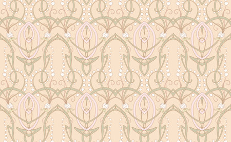 Fantasy flowers, decorative flowers and leaves in art nouveau style, vintage, old, retro style. Seamless pattern, background. Vector illustration.のイラスト素材
