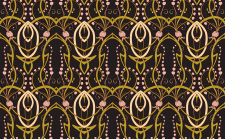 Fantasy flowers, decorative flowers and leaves in art nouveau style, vintage, old, retro style. Seamless pattern, background. Vector illustration.のイラスト素材