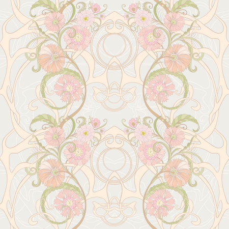 Fantasy flowers, decorative flowers and leaves in art nouveau style, vintage, old, retro style. Seamless border pattern, linear ornament, ribbon Vector illustration.のイラスト素材