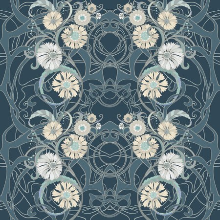 Fantasy flowers, decorative flowers and leaves in art nouveau style, vintage, old, retro style. Seamless border pattern, linear ornament, ribbon Vector illustration.のイラスト素材