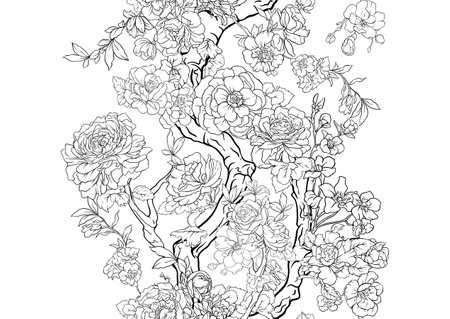 Blossom trees with rose, peony, chrysanthemum, Seamless pattern, background. Outline Vector illustration. In Chinoiserie, botanical styleのイラスト素材
