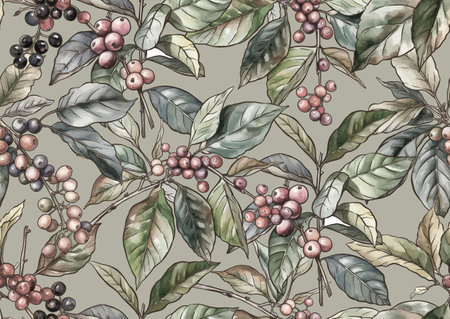 Coffee tree. Branch with leaves and berries. Seamless pattern, background. Vector illustration. In botanical styleのイラスト素材