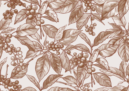 Coffee tree. Branch with leaves and berries. Seamless pattern, background. Vector illustration. In botanical styleのイラスト素材