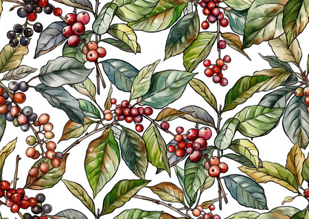 Coffee tree. Branch with leaves and berries. Seamless pattern, background. Vector illustration. In botanical styleのイラスト素材