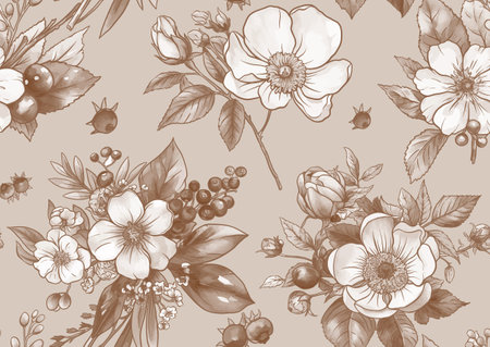 Boutonniere of wild rose flowers and berries Seamless pattern, background. Outline hand drawing vector illustration. In botanical styleのイラスト素材