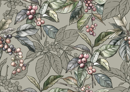 Coffee tree. Branch with leaves and berries. Seamless pattern, background. Vector illustration. In botanical styleのイラスト素材