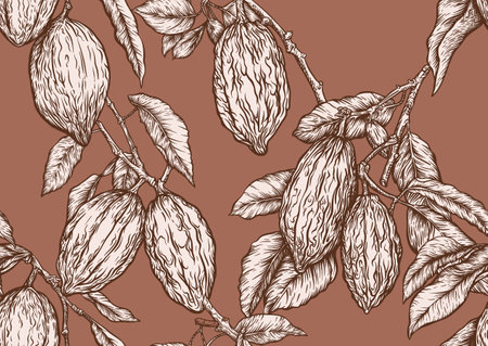 Cocoa tree branch with cocoa beans, chocolate beans, Seamless pattern, background. Vector illustration. In botanical styleのイラスト素材