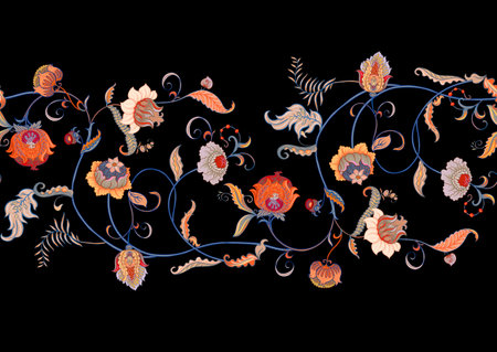 Fantasy flowers in retro, vintage, jacobean embroidery style. Seamless pattern, background. Vector illustration.のイラスト素材