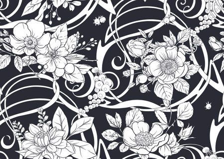 Boutonniere of wild rose flowers and berries Seamless pattern, background. Black and white graphics. Vector illustration. In botanical styleのイラスト素材