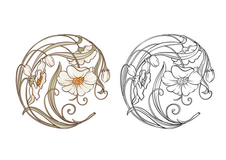 Decorative flowers and leaves in art nouveau style, vintage, old, retro style. Clip art, set of elements for design Vector illustration. In art nouveau style, vintage, old, retro style.のイラスト素材