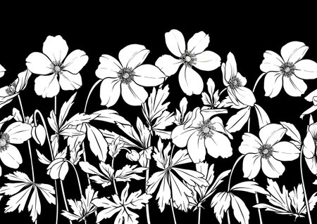 Forest Anemone flowers, decorative flowers and leaves Seamless pattern, background. Vector illustration. In botanical styleのイラスト素材