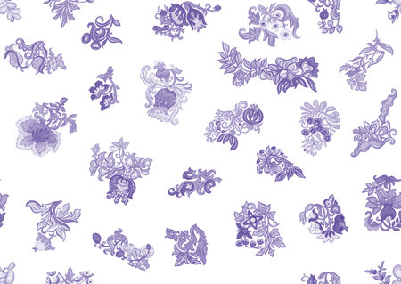 Fantasy, alien flowers, decorative flowers and leaves. Cartoon style. Millefleurs trendy floral design. Seamless pattern, background. Vector illustration.のイラスト素材