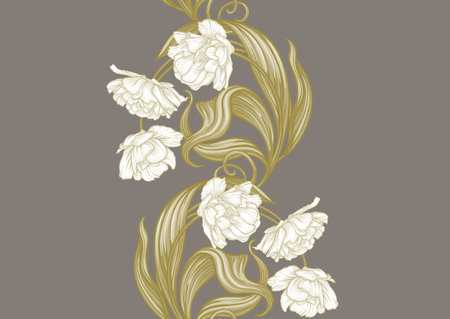 Terri Tulip flowers, decorative flowers and leaves in art nouveau style, vintage, old, retro style. Seamless pattern, background. Vector illustration.のイラスト素材