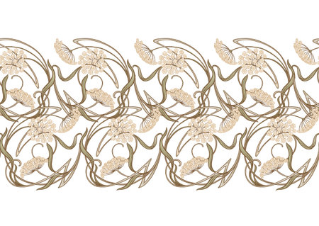 Decorative flowers and leaves in art nouveau style, vintage, old, retro style. Seamless pattern, background. Vector illustration. In art nouveau style, vintage, old, retro style.のイラスト素材