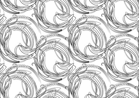 Ears of cereal, wheat or rye Seamless border pattern, linear ornament, ribbon Vector illustration. Outline hand drawing. In art nouveau style, vintage, old, retro style.のイラスト素材