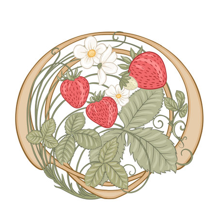 Strawberry. Branch with berries, leaves and flowers. Clip art, set of elements for design Vector illustration. In art nouveau style, vintage, old, retro style. In botanical styleのイラスト素材