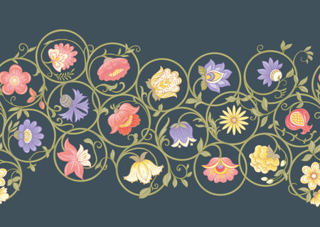 Ornate floral  pattern. Elegant hand-drawn botanical motif with intricate repeating layout for textile, wallpaper and decor, classic flowers and foliage create a refined vintage background.のイラスト素材