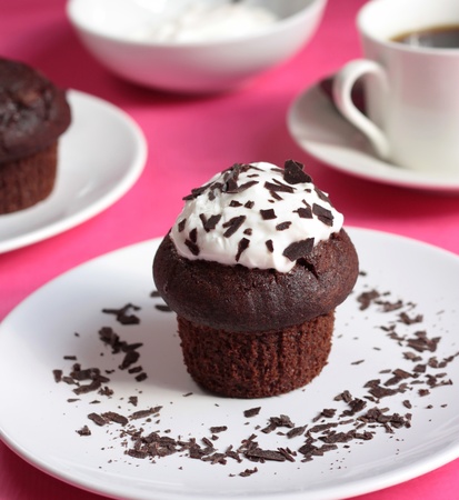Chocolate muffins and a cup of teaの写真素材