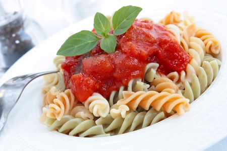 Fusilli pasta with tomato sauceの写真素材