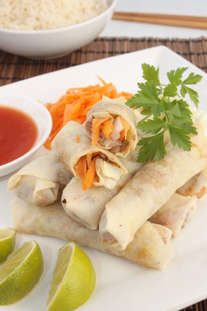 Spring rolls with sweet and sour sauceの写真素材